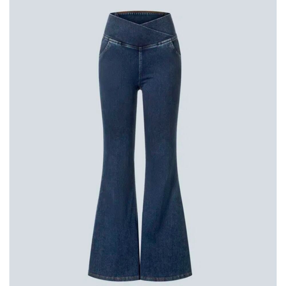 Sz Sm PETITE HALARA Solid Blue Flex™ High Waist Crossover Pocket Casual Jeans